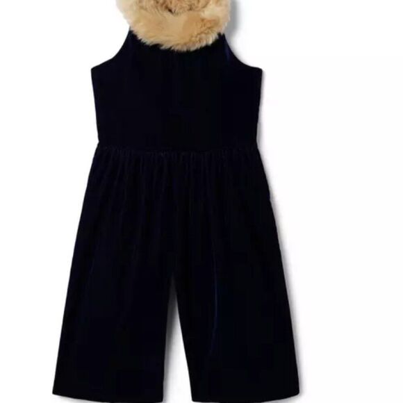 Janie and Jack 100044311 Navy Velvet Faux Fur Collar Jumpsuit NWT size 18-24 mon - Picture 1 of 10